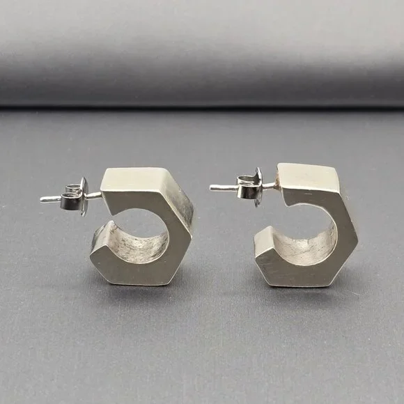 Sterling Silver Geometric C-Hoop Earrings Bold .75" Modern Hexagon Design - Picture 4 of 13